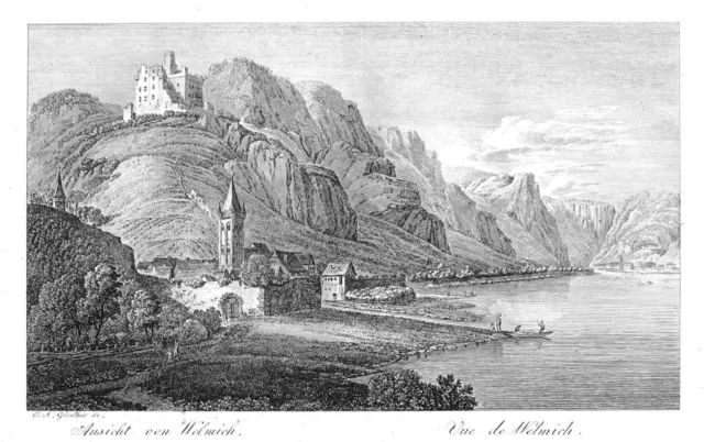 1800 Wellmich Sankt Goarshausen Rhine Copperplate Engraving Etching