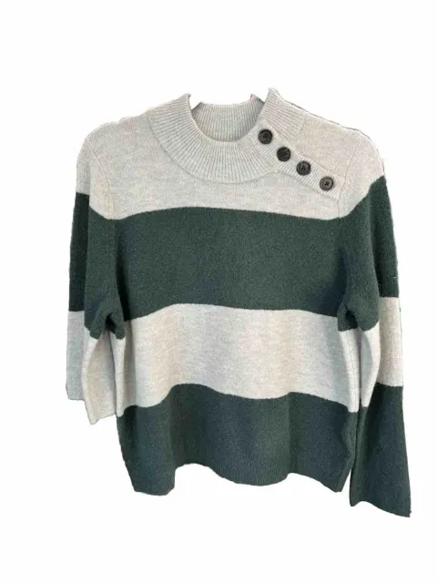 Whistles Stripe Button Neck Sweater Wool Blend Womens Size S Small Green New
