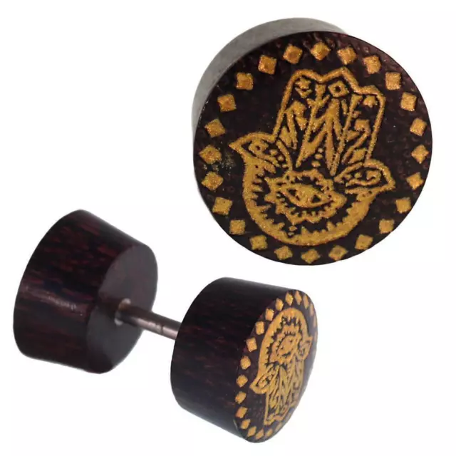 Fake Wood Plug Tamarind Bone Inlay flower of life Stainless steel Organic Tribal