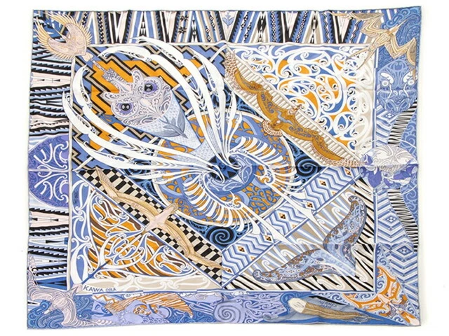 HERMES Scarf Carre 90 KAWA ORA 100% Silk Blue Orange Multi w/Box R2870 HERMES Scarf Carre 90 KAWA ORA 100% Silk Blue Orange Multi w/Box R2870