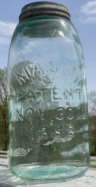 2 Quart Green Aqua Glass ½ Gallon ~ MASON PATENT NOV 30TH 1858 & Boyd Zinc Lid