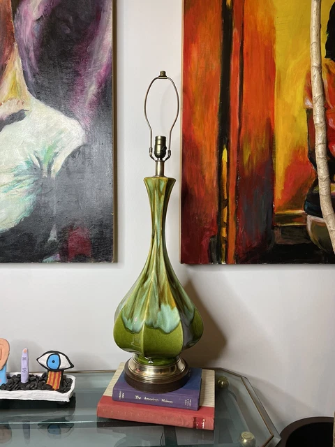 Vtg MCM Mid Century Modern Green Drip Glaze Ceramic Table Lamp 35”