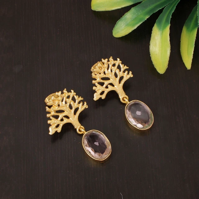 Wedding Gift For Her Unknown Brass Fushia Chalcedony Drop/Dangle Earrings
