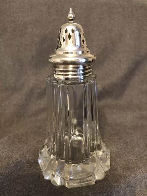 Vintage  Art Deco Ribbed Cut Glass Sugar Shaker Sifter & Silver Plated Screw Top