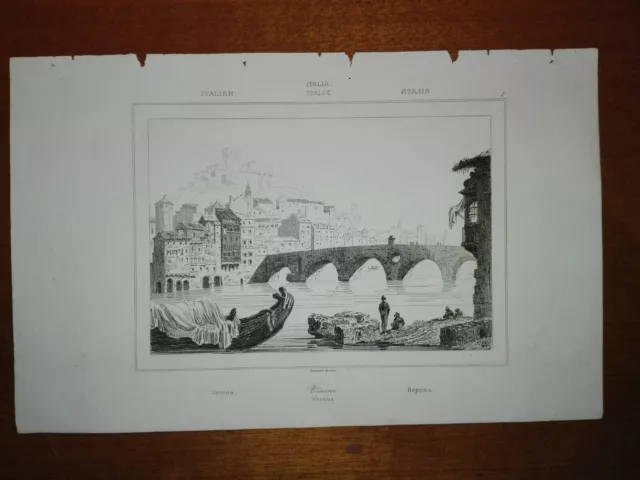 Incisione in acciaio - VERONA Ponte Pietra e la città, 1830 - tratto da Artaud