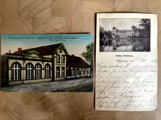 2 antike Postkarten "Schloss Rheinsberg" 1894 / Kleinzerlang bei Rheinsberg 20er