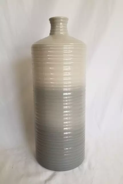 Large Grey Beige Ribbed Texture Ombre Ceramic Vase Homeware