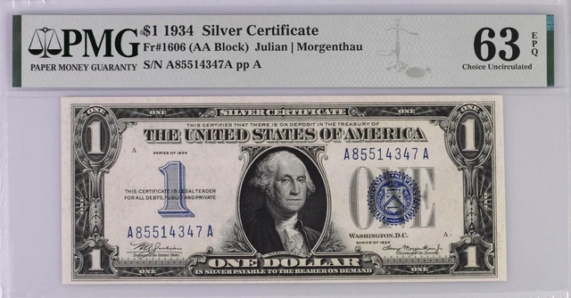 Series 1934 $1 Silver Certificate Funnyback Fr. 1606 PMG 63EPQ AA Block