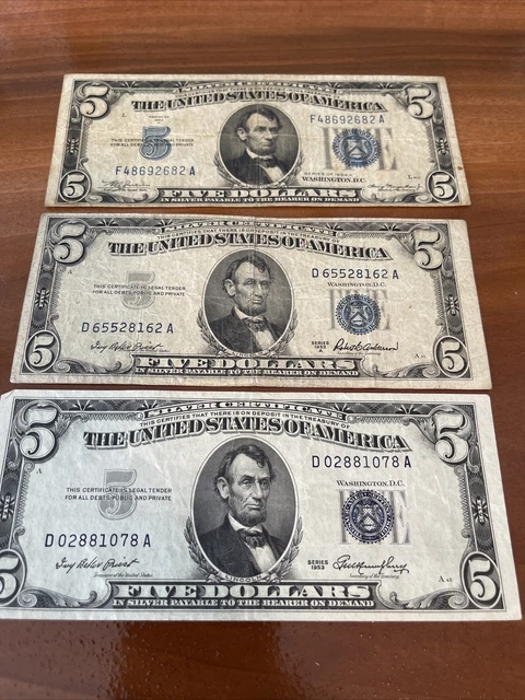 1934A $5 DOLLAR BILL SILVER CERTIFICATE BLUE SEAL NOTE plus (2) 1953