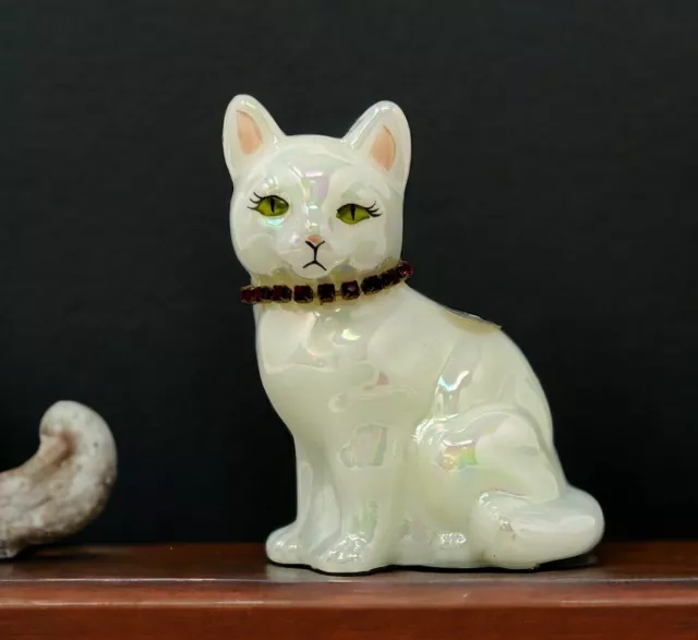 Fenton Signed Cat Kitty Glass Opalescent Iridescent Red Ruby Collar Figurine