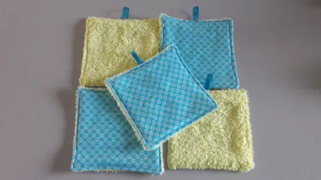 Lot de 5 lingettes lavables en coton et éponge fait main
