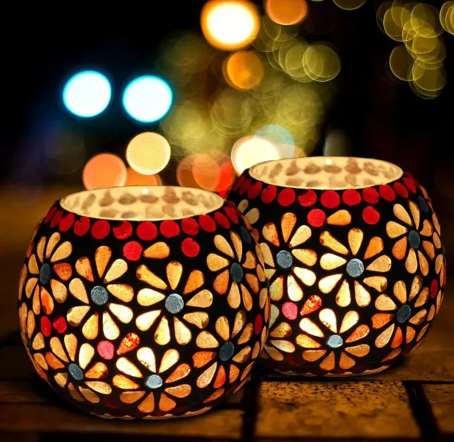Vidrio Mosaico Candelita Vela Soporte, Paquete De 2 Para Diwali/Navidad Decor