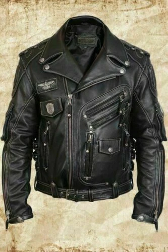 Men's Genuine Cowhide Premium Leather Motorcycle Biker Top Leather Jacket Black