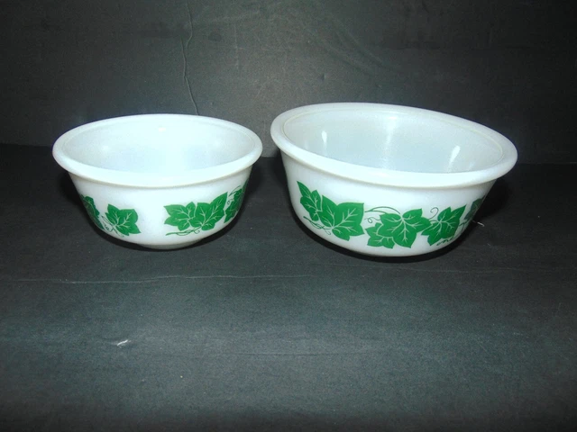 (2) Vintage Hazel Atlas Mixing Bowls White Milk Glass Ivy Green Leaf 4 & 5"