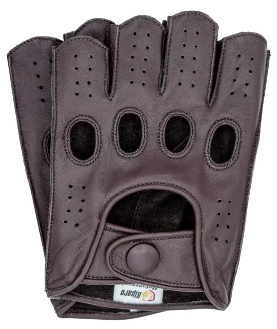 Riparo Mens Leather Reverse Stitched Fingerless Half-Finger Gloves - Brown