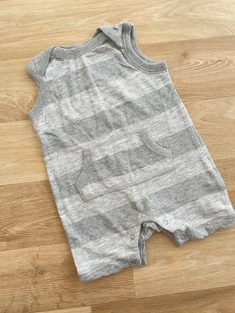 Baby Boy 0-3 months Old Navy Grey STriped Sleeveless Romper  Kangaroo Pocket
