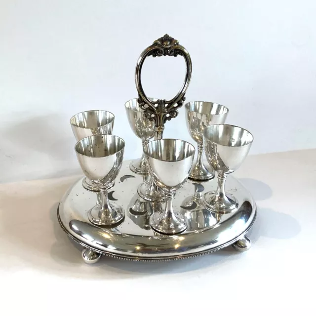 Antique SilverPlate Pierced Egg Cup Cruet Serving Set 6 with Caddy / Sherry Tray