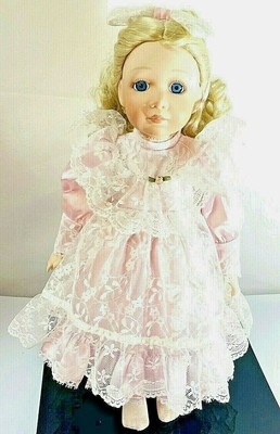 20" Franklin Mint Heirloom Porcelain Doll Blonde Hair/Pink Satin Dress Vintage