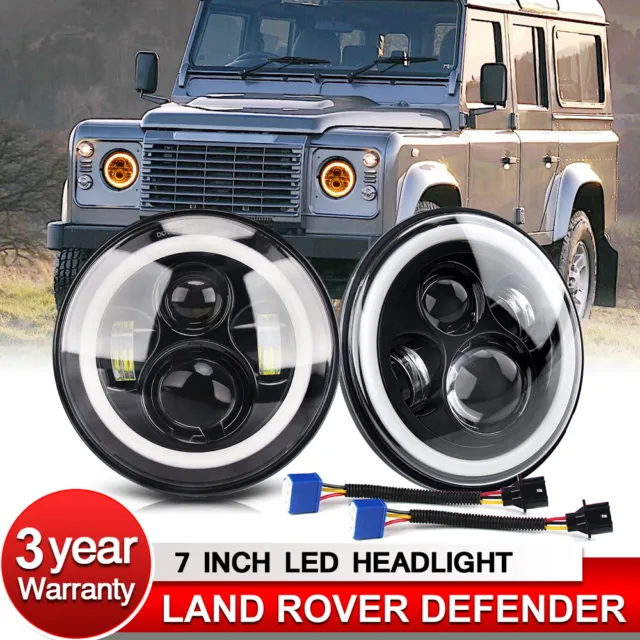 2X 7" LED Headlight Halo Angel Eyes DRL Light W/Adapter For Land Rover Defender