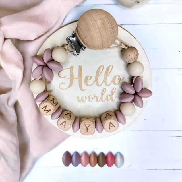 Schnullerkette mit Namen Junge Mädchen Geburt Geschenk Holz Silikon Nuckelkette
