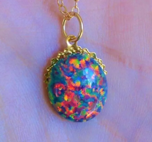 Beautiful Ultra Flashy Multi Color Fire Opal Cabochon Oval Yellow Gold Pendant