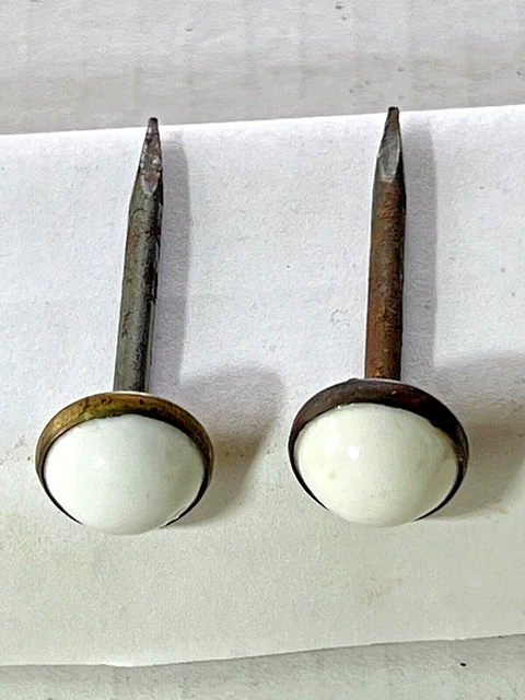 Two (2) Antique White Porcelain Head Victorian Picture Nail Brass Wall Hangers