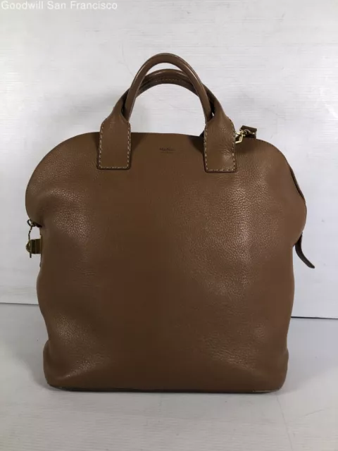 Max Mara Womens Brown Leather Italy Pockets Adjustable Strap Large Satchel Bag