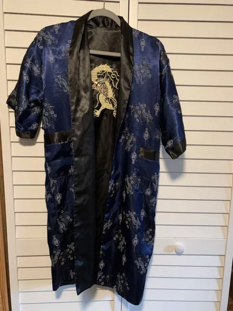 Kimono Robe Dragon Reversible Unisex SZ S/M Embroidered Asian Black Blue READ