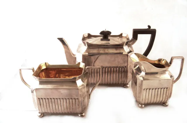 1,2 kg set da tè argento antico vittoriano 3 pz servizio Barnard London 1883 in scatola