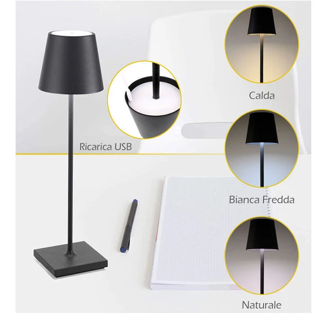 Lampada da tavolo led ricaricabile simile poldina Touch dimmer bianca nera