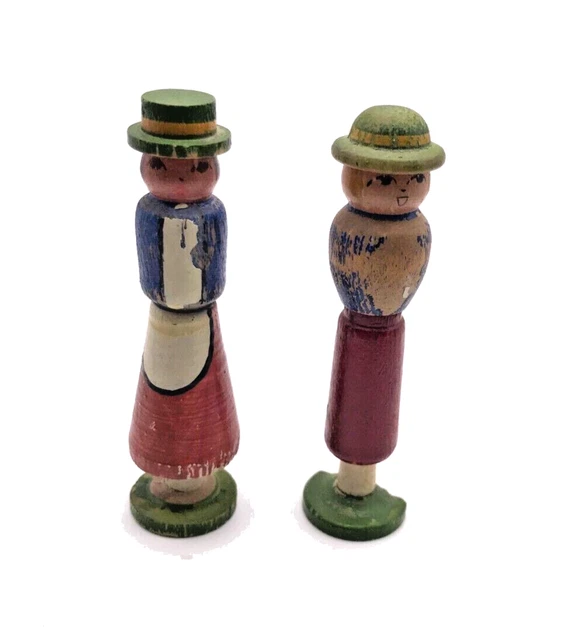 Antique Folk Art Wood Hand Painted Needle Cases Holders Men Figures