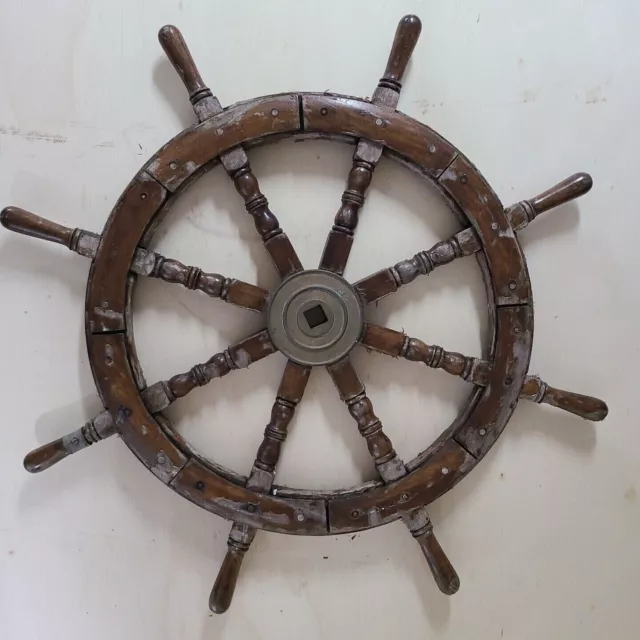 36" Steering Wheel Old Weathered Wood Wooden Brass Ship Boat Vintage Nautical