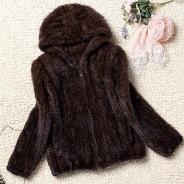 Womens Casual 100% Real Genuine Knitted Mink Fur Hood Coat Jacket Outwear Winter