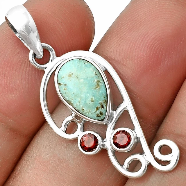 Natural Turquoise Nevada Aztec Mt & Garnet 925 Silver Pendant Jewelry P-1039