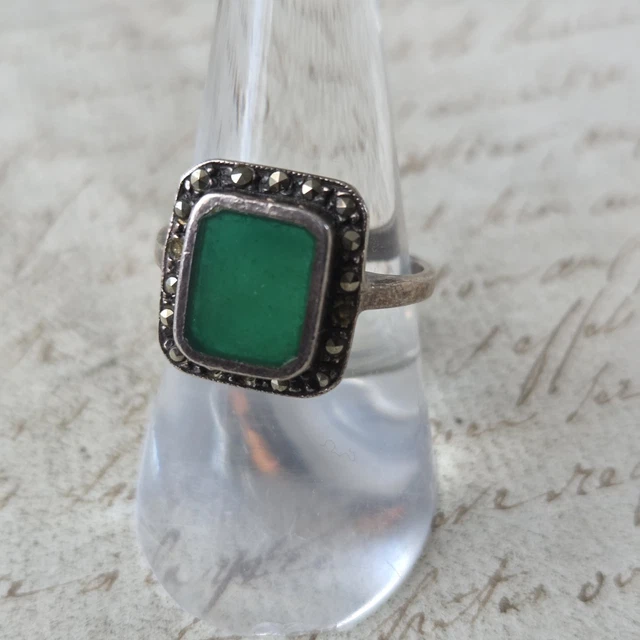 Bague Ancienne Marquise Argent Et Strass Vert – Taille 52 (N°28)