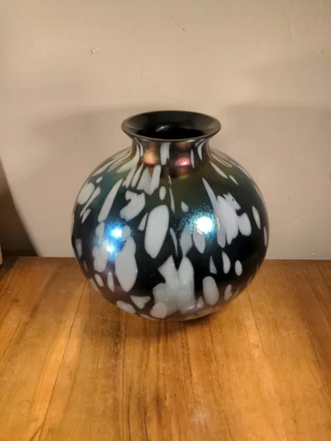 Large Vintage Royal Brierley Studio Art Glass B&W Iridescent Balloon Ball Vase 3