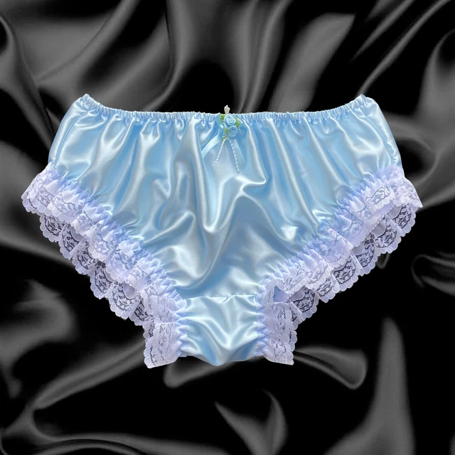 BABY BLUE SATIN Frilly Lace Sissy Full Cut Panties Briefs Knicker Sizes