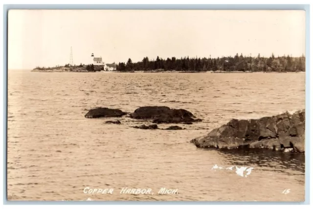 c1925 Copper Harbor Lighthouse Lake Superior View MI RPPC Photo Postcard