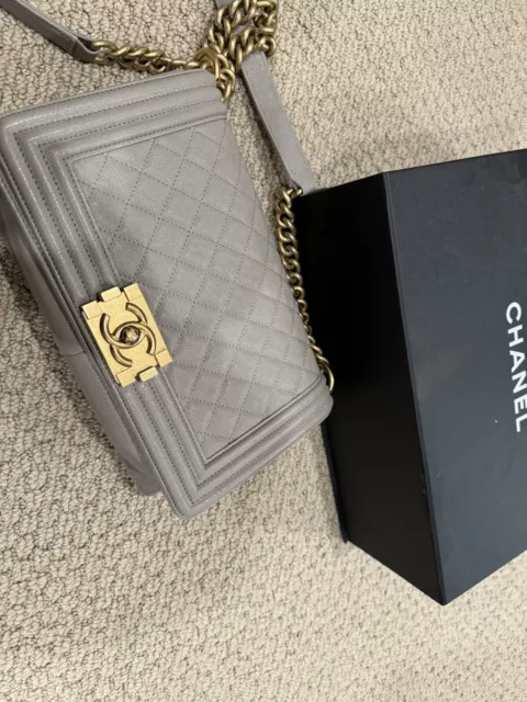 Pre-owned Authentic Chanel Le Boy Gray Caviar Calfskin New Medium Gold Hardware