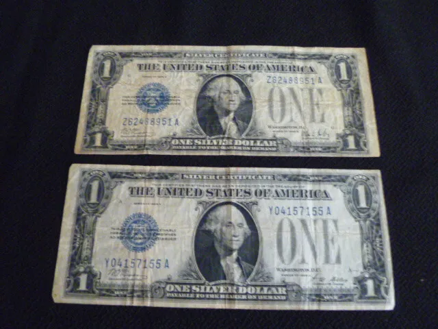 Lot of 2 - 1928A & 1928B - $1 Silver Certificate Blue Seal FUNNYBACK Notes