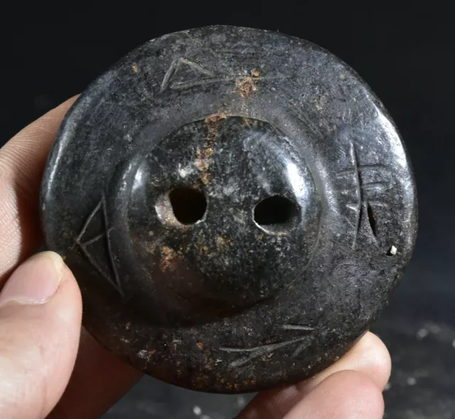 6CM Old Chinese Hongshan Culture Meteorite black magnet Two eyes UFO