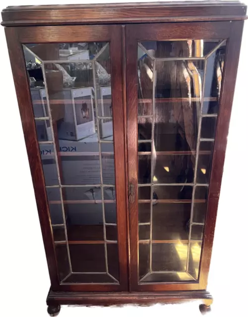 Solid Oak Cabinet With Double Lead Glass Panels Locking Doors w key-NO VENEERS