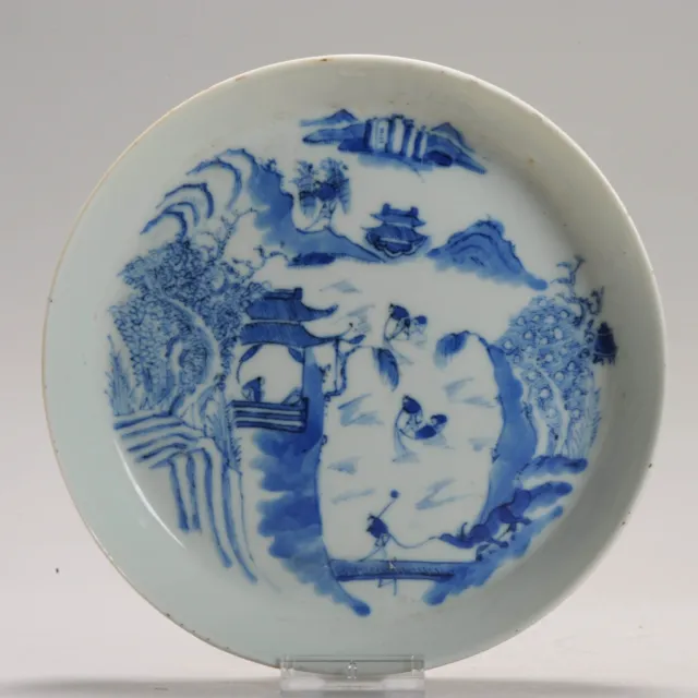 Antique Chinese Porcelain 19C Bleu de Hue Dish Marked Base Landscape