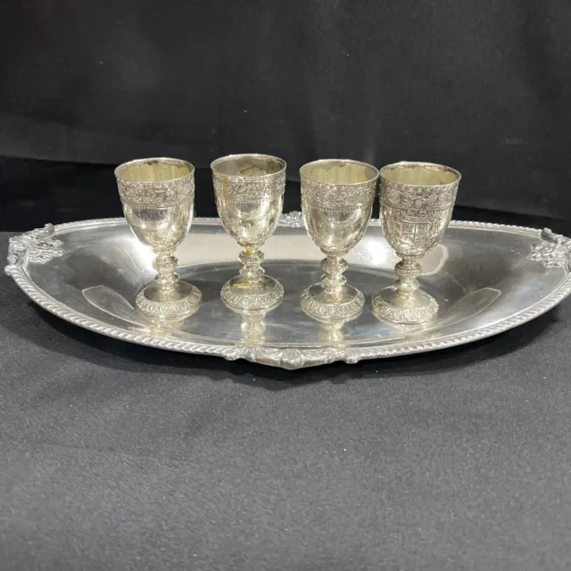 Vintage Silver Plated Set Of 4 Cordial Shot Glasses With Tray