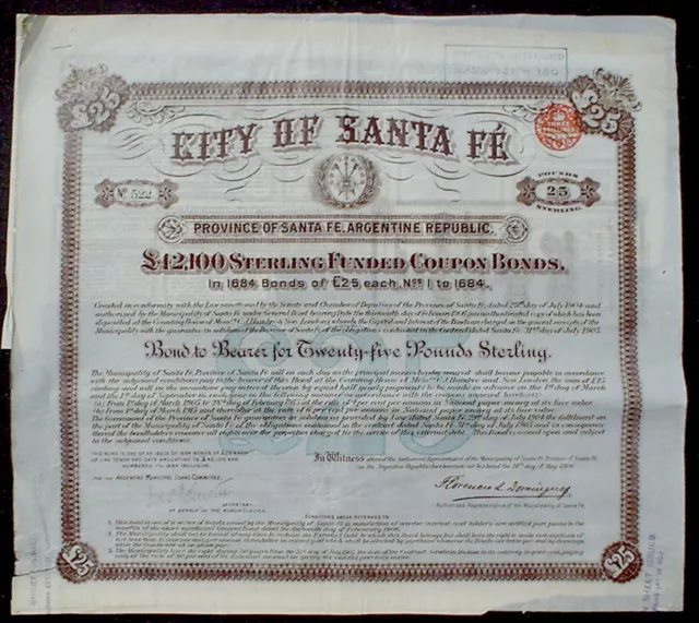 City of Santa Fe Argentine Governm Loan 25 £ Bond to Bearer 1906 unentw. +Kupons