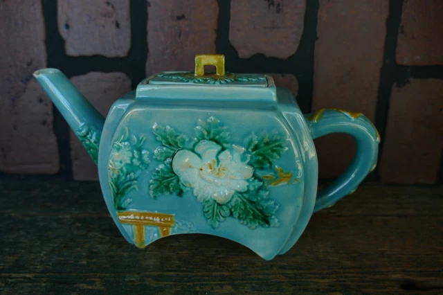antique majolica pottery teapot robins egg blue strawberry blossom