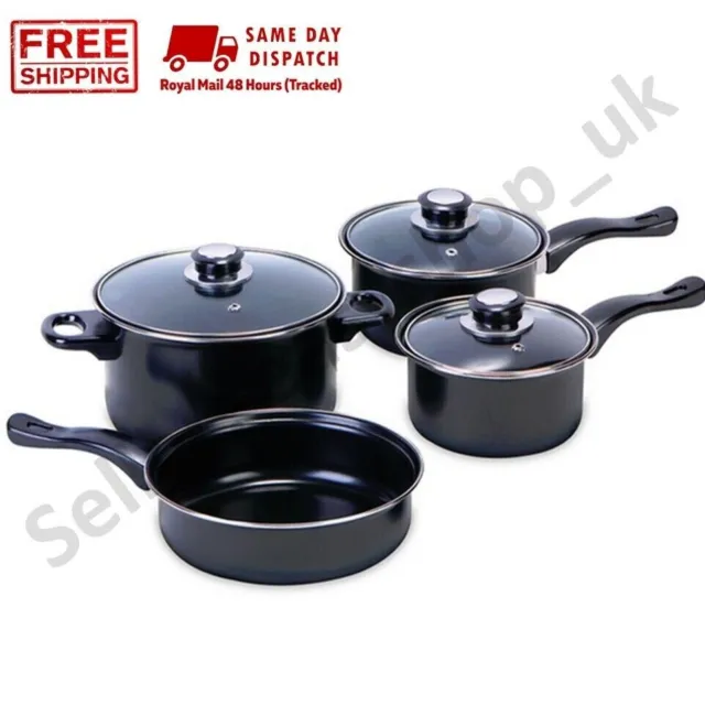 7Pc Cookware Set Pan Pot Carbon Steel Non Stick Saucepan Glass Lid Kitchen 6645