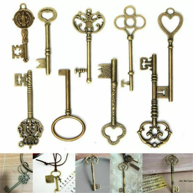 9PCS/set Large Vintage Antique Bronze Skeleton Keys Cabinet Barrel Old Lock