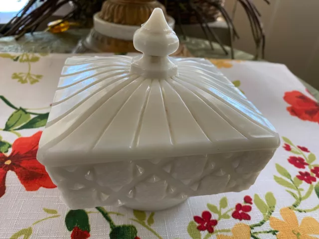 Imperial Glass White Milk Glass Square Covered Candy Dish Geometric Design