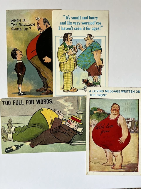 Vtg Comic Postcards. Men With Fat Stomachs. Heineken. Dog. Beach. 1929. 1911.